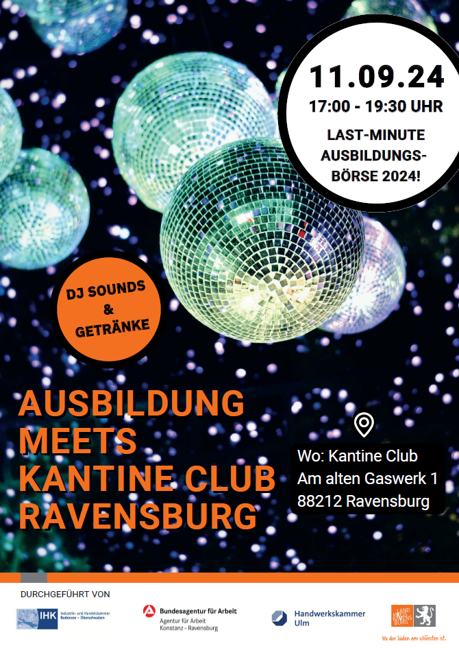 Plakat zur Ausbildungsbörse in der Kantine Ravensburg mit den wichtigsten Veranstaltungsdaten