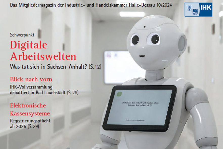 Titelbild der Mitteldeutschen Wirtschaft 10/2024 mit Foto von einem Roboter (nicht barrierefrei, PDF-Datei)